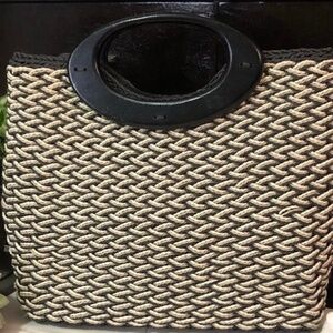 Woven Paper/Straw Hand Carry Bag-Black/Cream/Olive